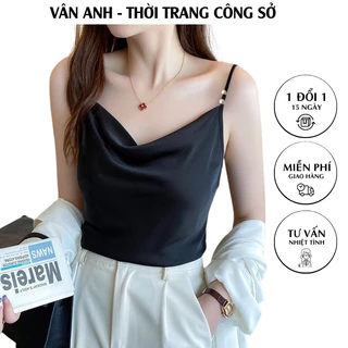 Áo hai dây lụa cổ đổ thiết kế đính ngọc trai xinh xắn, Áo nữ lụa latin cao cấp, thoáng mát - Vannhshop AO0015