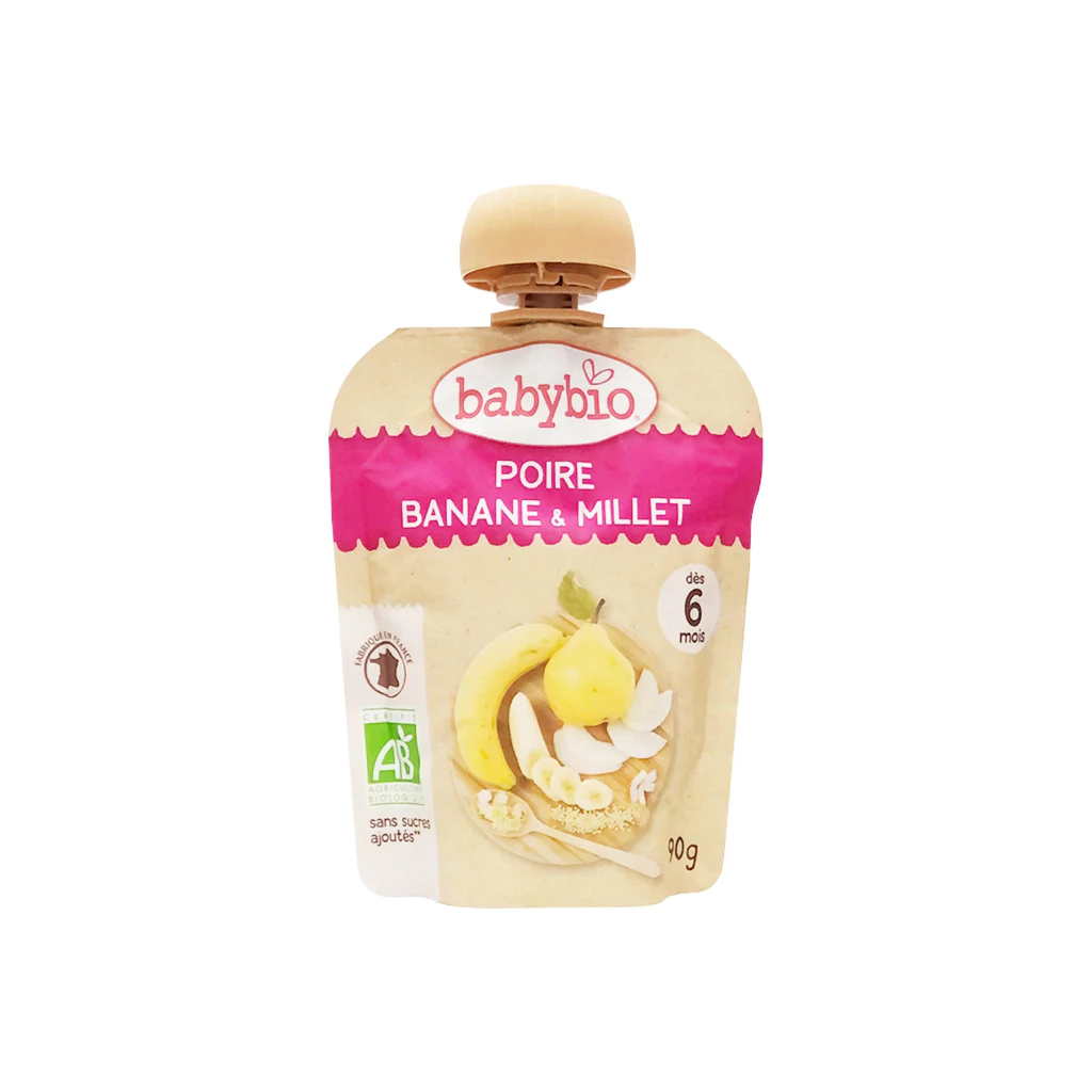 Trái cây nghiền hữu cơ cho bé vị lê, chuối, hạt kê Babybio 90g (≥ 6 tháng)