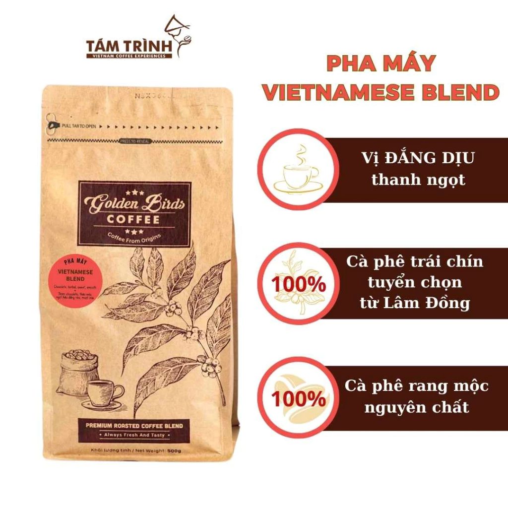 Cà phê Rang Mộc Golden Birds Vietnamsese Blend| đắng dịu, thanh ngọt| Pha Máy | Cà phê nguyên chất (250gr/500gr)