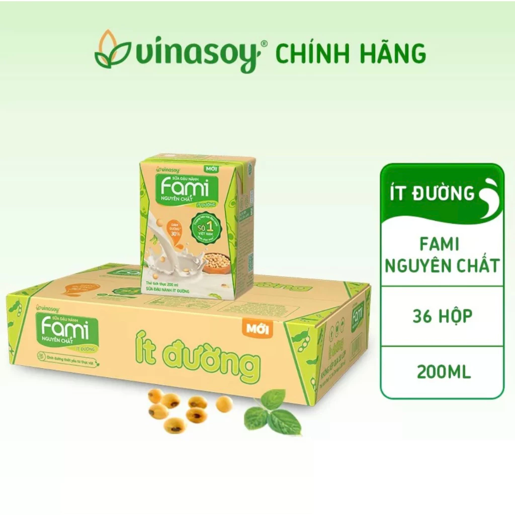 Thùng sữa đậu nành Fami Nguyên chất ít đường (36 hộp x 200ml)