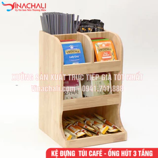 Kệ Để Ống Hút, Túi Cafe, Túi Trà Sữa, Đồ Pha Chế 3 Tầng Nhiều Ngăn Trong Quán Cafe, Quán Trà Sữa - Gỗ Tự Nhiên - KTS12