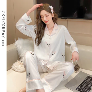 Bộ ngủ lụa xước dài tay quần dài hàng Quảng Châu pyjama đồ bộ mặc nhà sau sinh chất lụa xước cao cấp