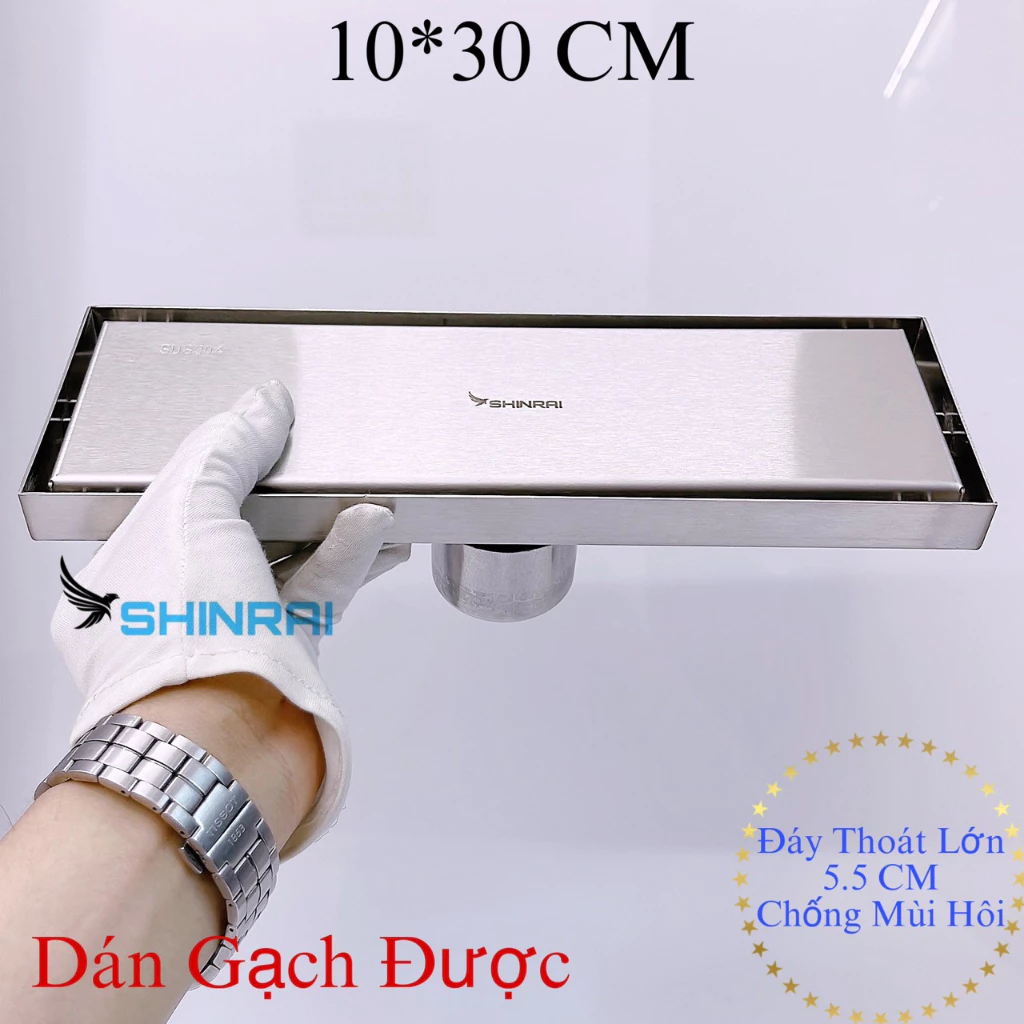 ( 10*30 CM - Có Thể Dán Gạch Được ) Ga Thoát Sàn Dài , Phễu Thoát Nước INOX SUS304 Tấm Đặc Loại Dày Nhà Tắm SHINRAI