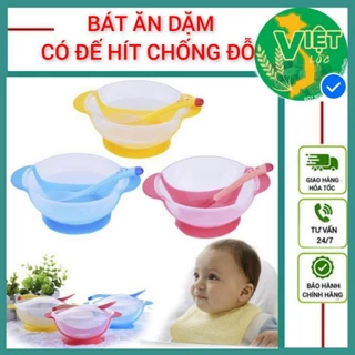 Bát ăn dặm cho bé, có đế hít chống đỗ, tặng kèm muỗng báo nóng cho bé tập xúc, chất liệu nhựa pp an toàn, chịu nhiệt tốt