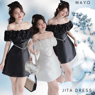 [Jita Dress] Đầm WAYO trễ vai đính ngọc 2 màu trắng đen dự tiệc sang trọng