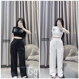 SET ÁO CROPTOP IN BÀN TAY PHỐI QUẦN DÀI ỐNG BO