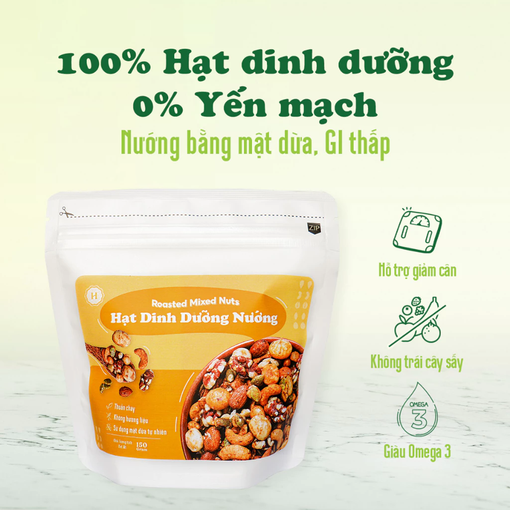 Hạt dinh dưỡng nướng mật dừa, nguyên hạt, không yến mạch - Túi 150g/400g - GI thấp, hỗ trợ giảm cân - Vlife