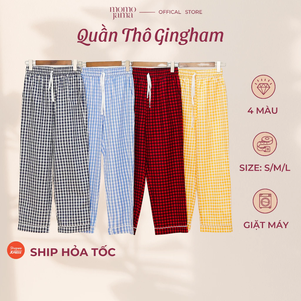 Quần dài mặc nhà nữ MOMOJAMA quần dài chất cotton thô họa tiết caro cao cấp quần mặc nhà thoải mái cho nữ