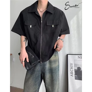 Áo Sơ Mi Nam Form Rộng SANVADIO Sơ Mi Unisex Basic Bo gấu Có Khóa Kéo Hiện Đại Phong Cách Ullzang Hàn Quốc ASM481