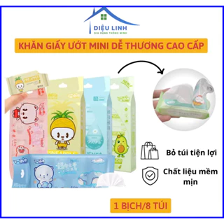 Khăn Giáy Ướt AIXIAOJIN Baby Mini Wipes Phong Cách Hoạt Hình Tiện Lợi 1 Gói 8 Miếng Khăn Ướt