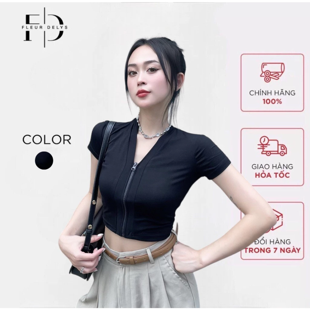 Áo croptop nữ Delys AC237 cổ V phối khoá đen ôm body tôn dáng