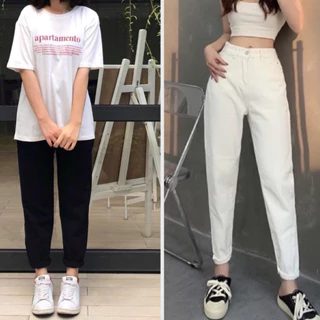 [55-90kg] Quần baggy jeans nữ bigsize, 2 màu đen/ trắng, lưng cao, không giãn