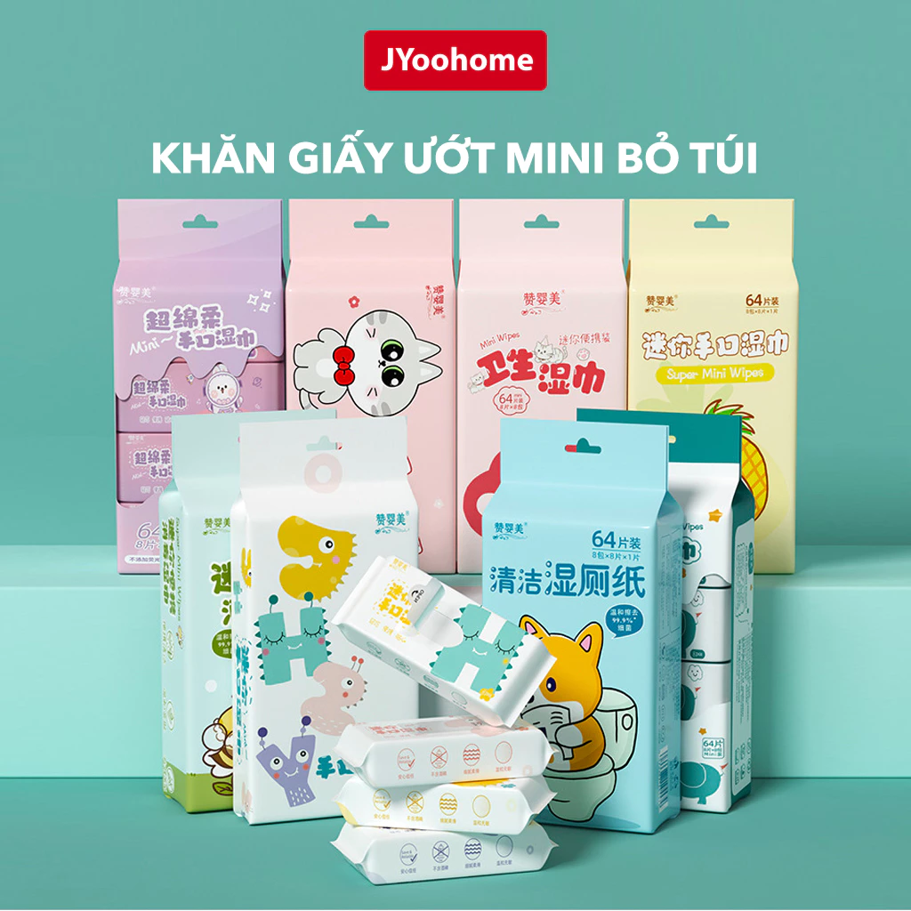 Bịch 64 Khăn Giấy Ướt Mini Bỏ Túi JYoohome Khăn Ướt Đa Năng Du Lịch Dùng Được Cho Trẻ Em