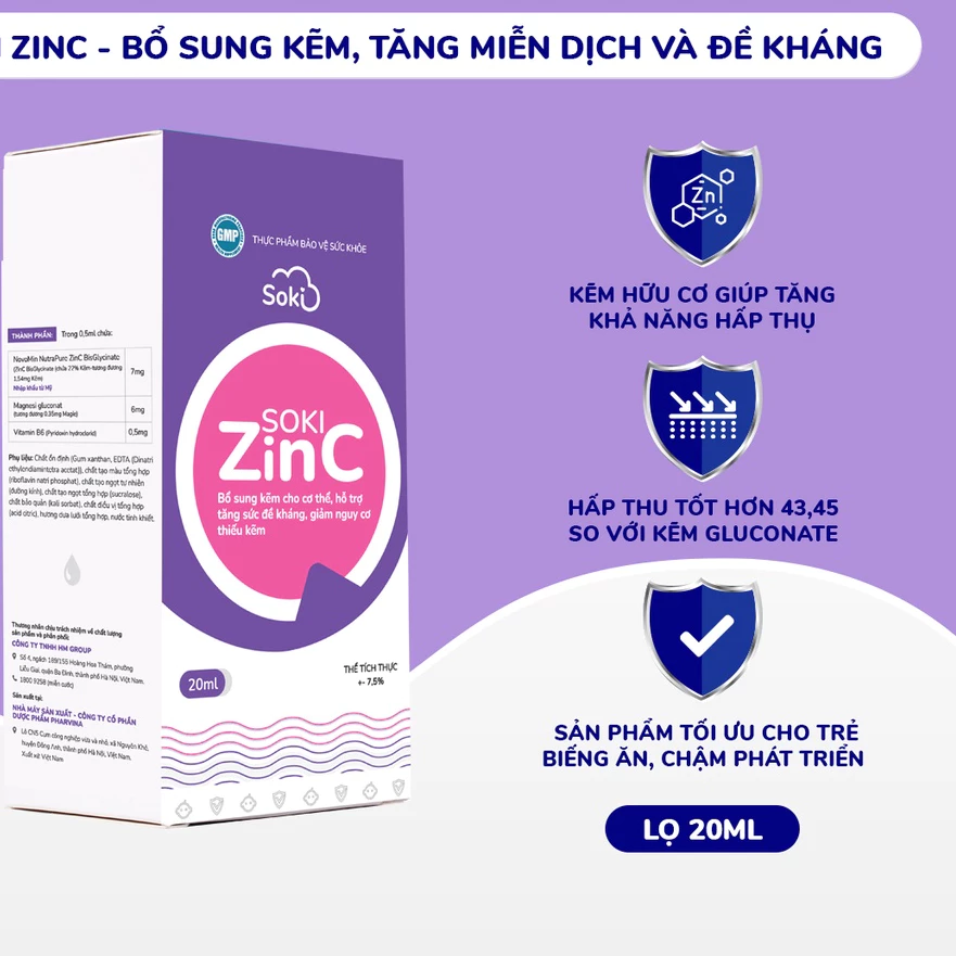 Soki Zinc Giúp Tăng Miễn Dịch Và Đề Kháng, Cải Thiện Tiêu Hóa Cho Trẻ Biếng Ăn, Trẻ Chậm Phát Triển Hộp 20ml