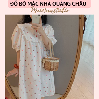 [ ORDER QC ] Đồ Ngủ Style Hàn Quốc - Váy Ngủ Dáng Suông Chất Thô Hoạ Tiết Cherry Cộc Tay Phối Bèo Ulzzang