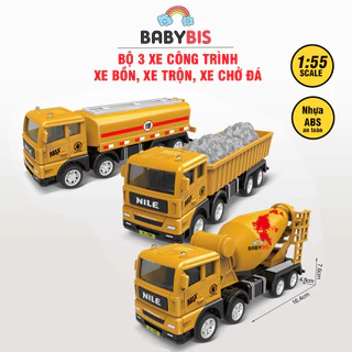 Bộ 3 xe công trình xây dựng|xe tải chở đá, xe bồn, xe trộn 8802-5|đồ chơi xe cho bé