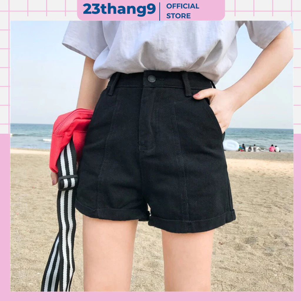 Quần short nữ , quần đùi jean nữ ống rộng lưng cao gập gấu màu đen màu be vải jean kaki dày dặn không phai màu 606