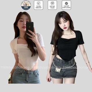 Áo Croptop Cổ Vuông Vạt Yếm Tay Ngắn Chất Cotton Mịn Co Giãn TT240