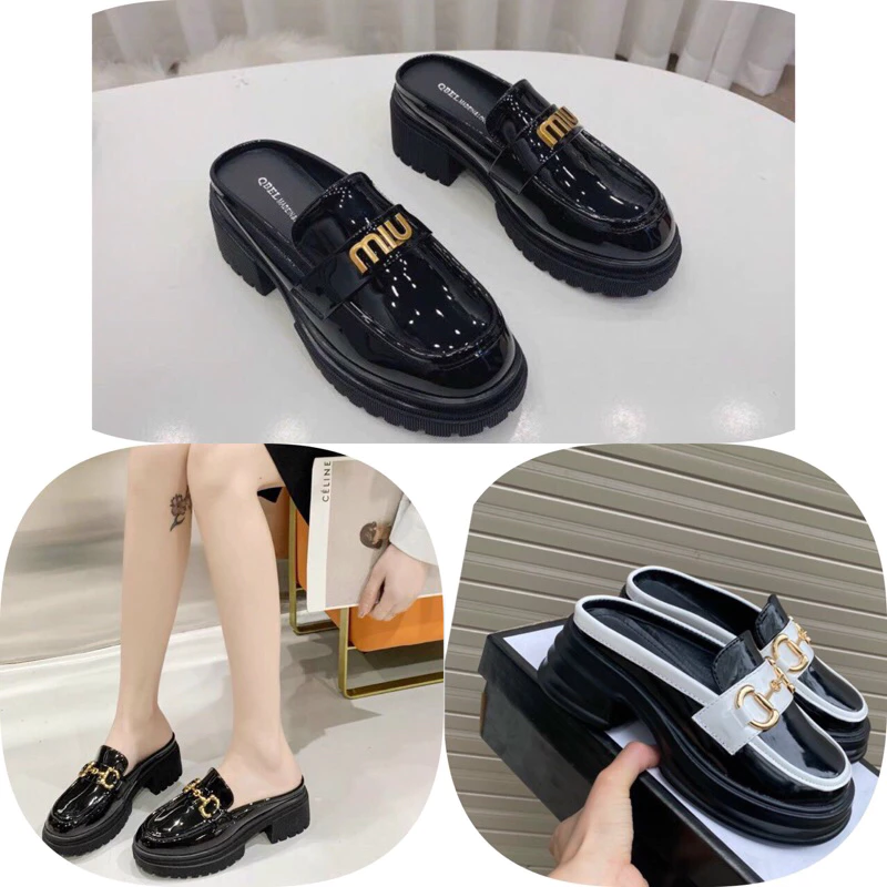 Giày sục da bóng 5 phân mũi tròn đế cao su êm xịn