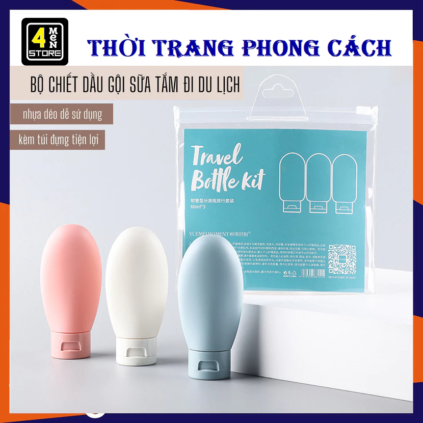 Túi 3 Chai Chiết Mỹ Phẩm 60ML Nắp Bật Kèm Túi Zip Siêu Xinh - Tuýp/Lọ/Chai Nhựa Chiết Mỹ Phẩm Đựng, Dầu Gội ,Sửa Tắm