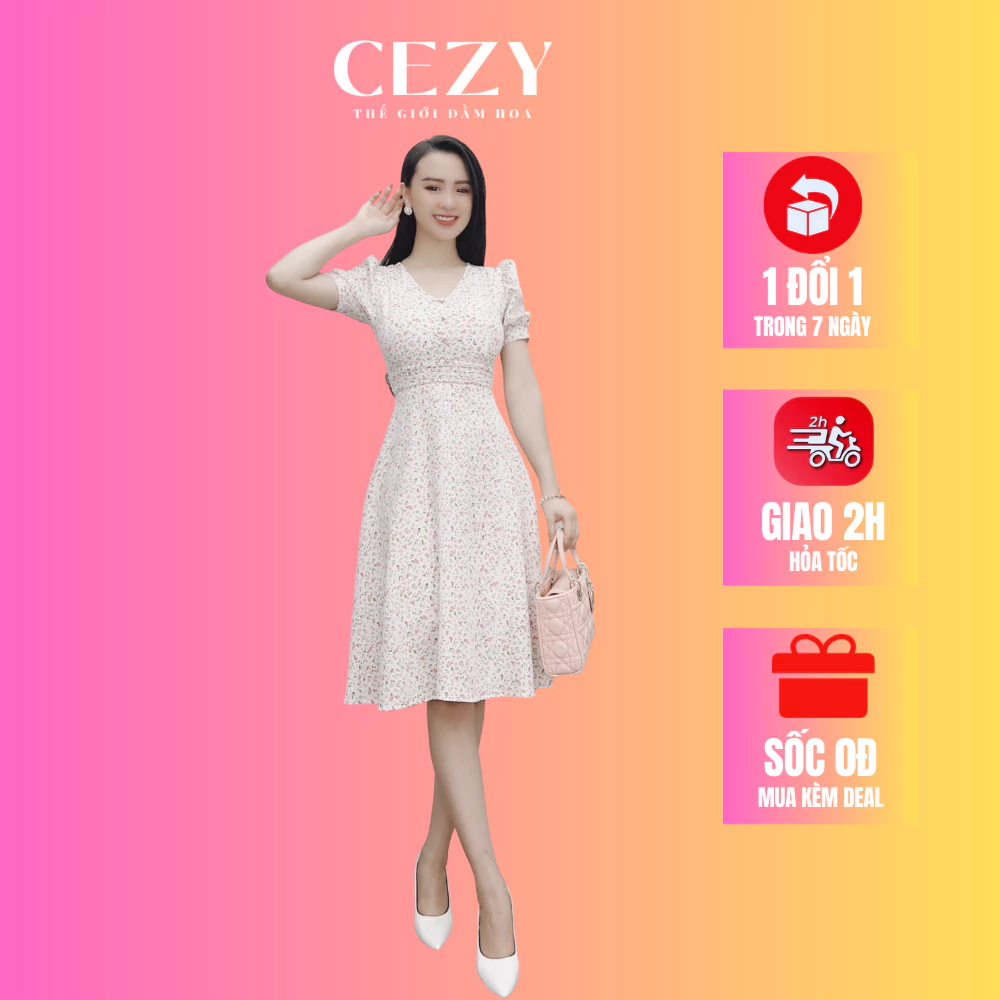 Đầm cổ chữ v tay phồng dáng xòe có size bigsize CEZY D146