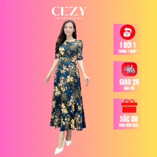 Đầm hoa nhí cổ tròn tay phồng dáng xòe dài có size bigsize CEZY D203