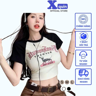 Áo croptop nữ ngắn ta cổ tròn tay phối màu in hình Xquin, Áo kiểu nữ ôm body chất thun cotton dày dặn