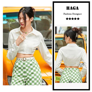 Áo sơ mi croptop dài tay HAGA cổ áo polo SM67