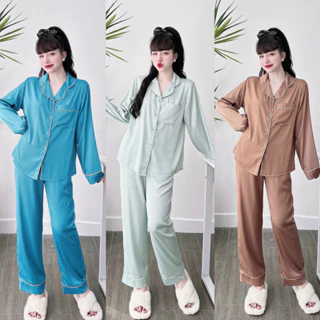 Bộ Mặc Nhà Pyjama Lụa Latin Cao Cấp Quần Dài Tay Dài  Phối Viền Màu 45 - 60kg