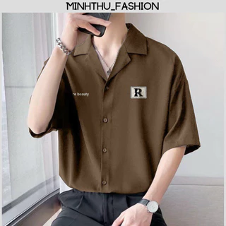 Áo sơ mi Cổ Vest Tay Ngắn Thêu LOGO R Unisex Nam Nữ mặc được minhthufashion