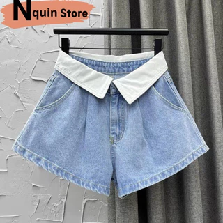 Quần short jeans nữ ống rộng thiết kế lưng cao lật bảng lưng Nquin, Quần đùi nữ lật bảng eo phối màu hottrend