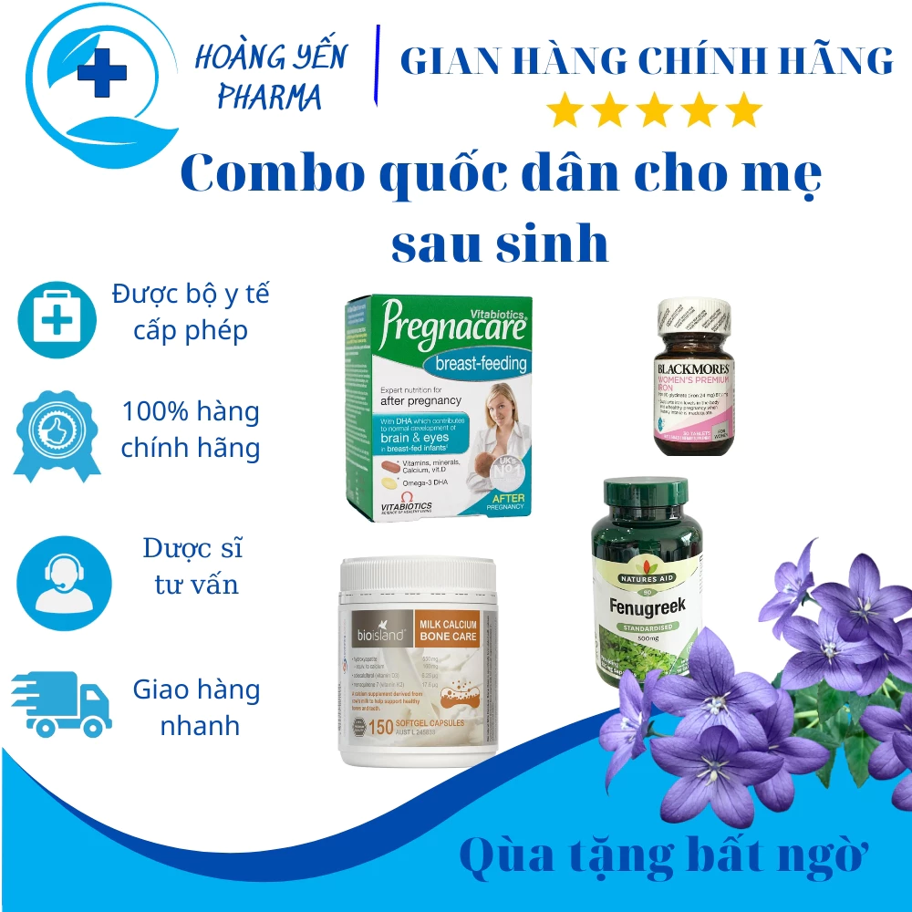 Combo cho mẹ sau sinh(Pregnacare breast-feeding,Sắt bầu Blackmores,Canxi sữa Bioisland 150,Lợi sữa Natures Aid)