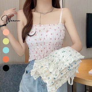 Áo bra nữ hai dây bèo nhún bo chun WEXUU thiết kế dáng croptop có mút ngực hoạ tiết hoa nhí- BR29