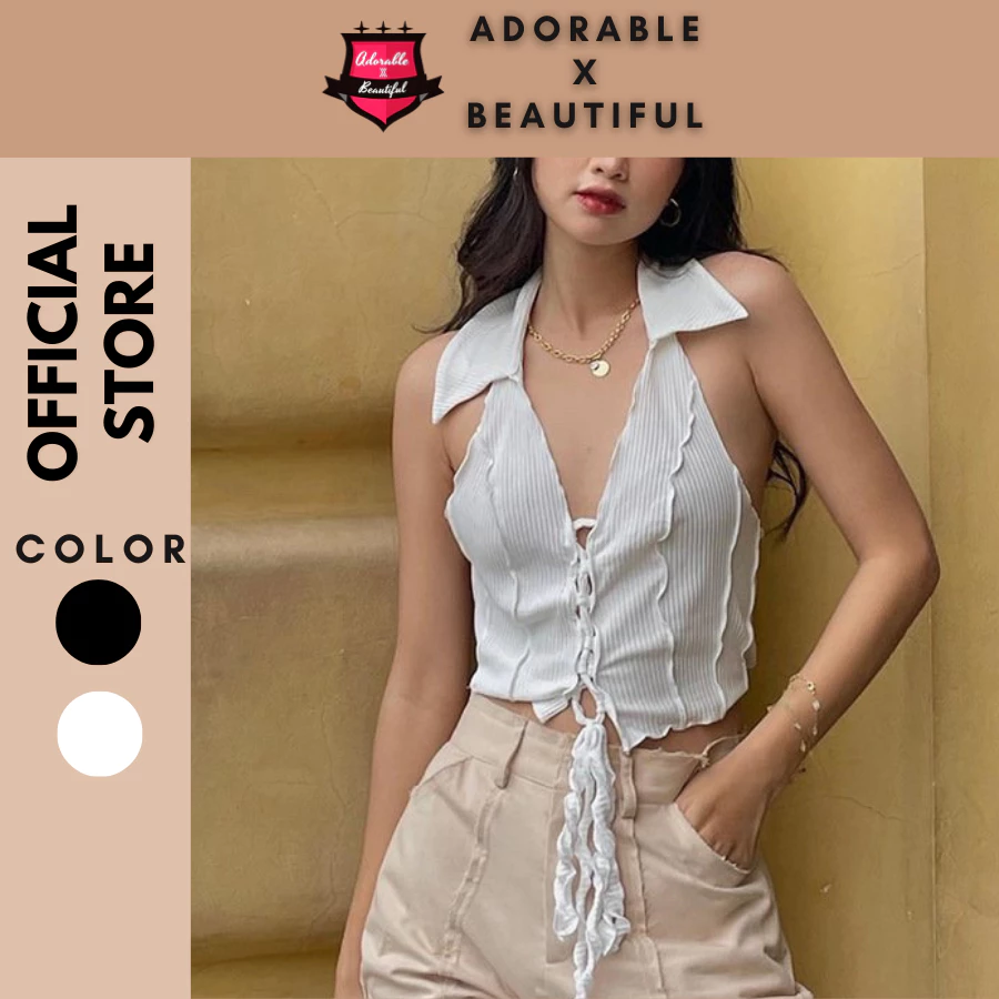 [Ảnh Thật] Áo Thun Kiểu Cổ Polo Đan Dây Họa Tiết Tua Rua, Áo Croptop Hở Lưng Trắng Đen Ulzzang [AdorablexBeautiful]