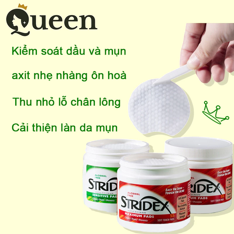 Miếng lau giảm mụn Stridex Axit Salicylic Mỹ Loại 0.5%/2% BHA 55 Pads Kiểm soát dầu và mụn Cải thiện làn da mụn