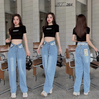 Quần baggy jean ống rộng lưng kiểu cổ bẻ in chữ siêu xinh