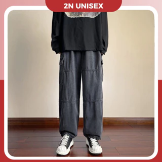 Quần jean túi hộp ống rộng nam nữ 2N Unisex cargo pants có dây rút màu xám Q03