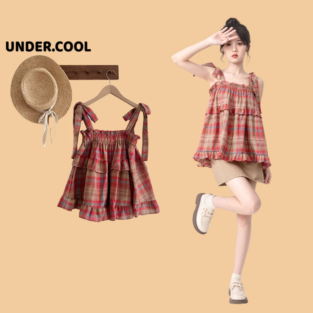 Áo Hai Dây Babydoll Kẻ Caro Đỏ UNDERCOOL Có Dây Buộc, Áo Kiểu Nữ Dáng Babydoll