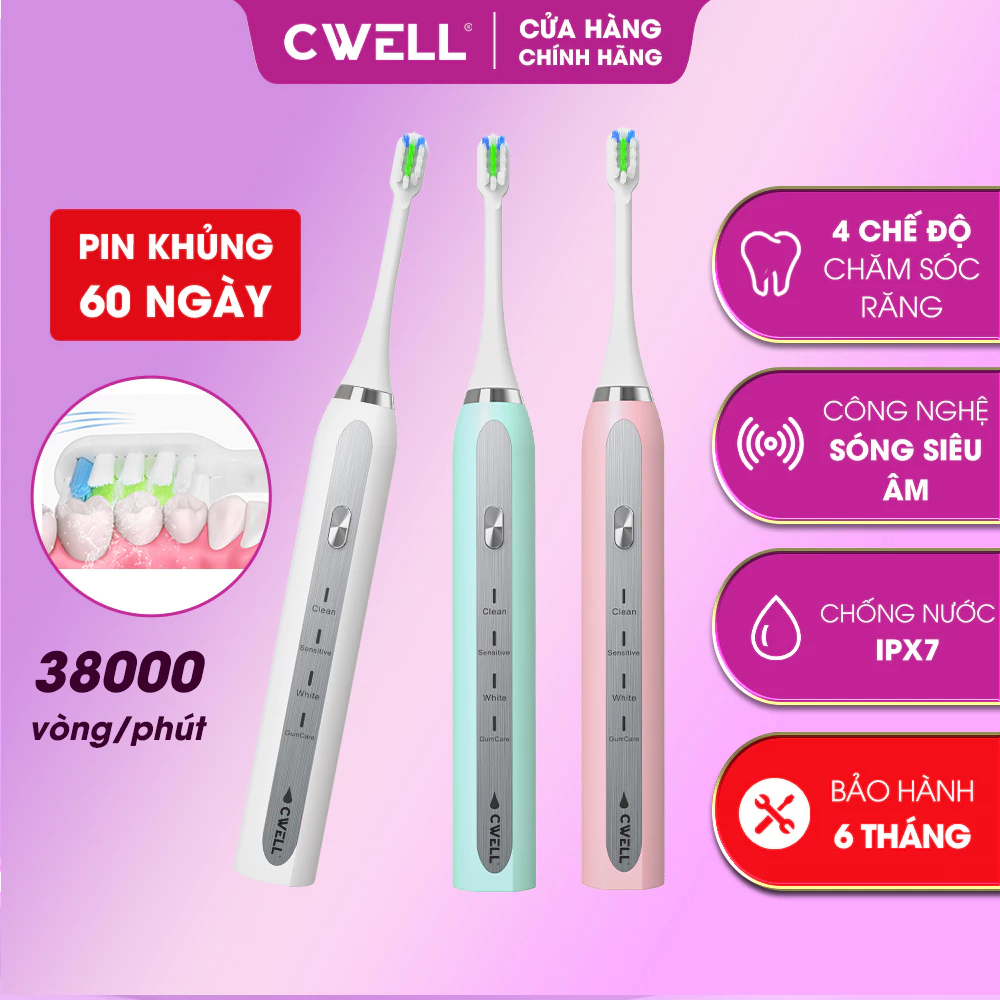 Bàn chải điện CWell S2 Pro rung 3200lần/p, công nghệ sóng siêu âm, chống nước IPX7, pin khỏe 60 ngày