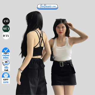 Áo croptop sát nách cổ vuông có mút ngực Sobasic kiểu 2 dây bảng to hở lưng gợi cảm nữ tính