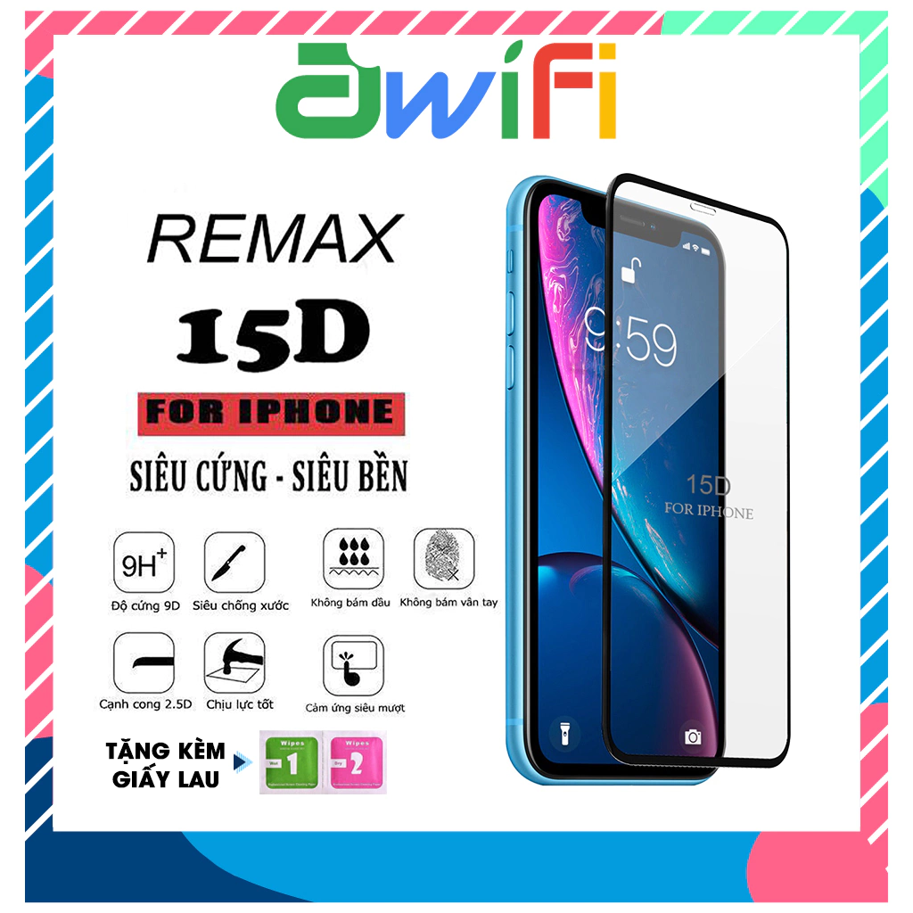 Kính cường lực iphone 15D Remax Full 6/6plus/6s/6splus/7/7plus/8/8plus/x/xs/11/12/13/pro/max/promax - Ốp lưng Awifi F1-1