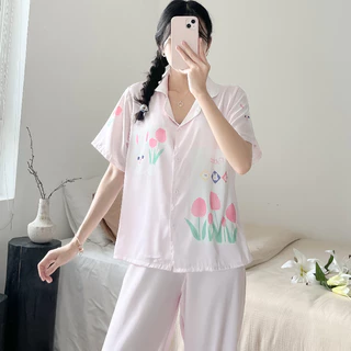 Set đồ bộ Pijama tay ngắn, đồ ngủ nữ mặc nhà chất lụa in hình thỏ tulip hồng pastel lụa latin thoáng mát trong BST 2023.