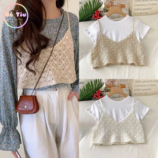 Áo 2 Dây Đan Len Hai Dây Họa Tiết Đan Hoa Len Móc Phong Cách Style Vintage Handmade Boho Phố Đồ Tiện Lợi Hàn Quốc