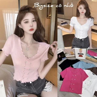 Áo Thun Bigsize Nữ Tay Ngắn,Áo Kiểu Croptop Big Size Nút Liền Vải Thun Gân Lụa Co Giãn Tôn Dáng Lên Phom Dễ Thương G86