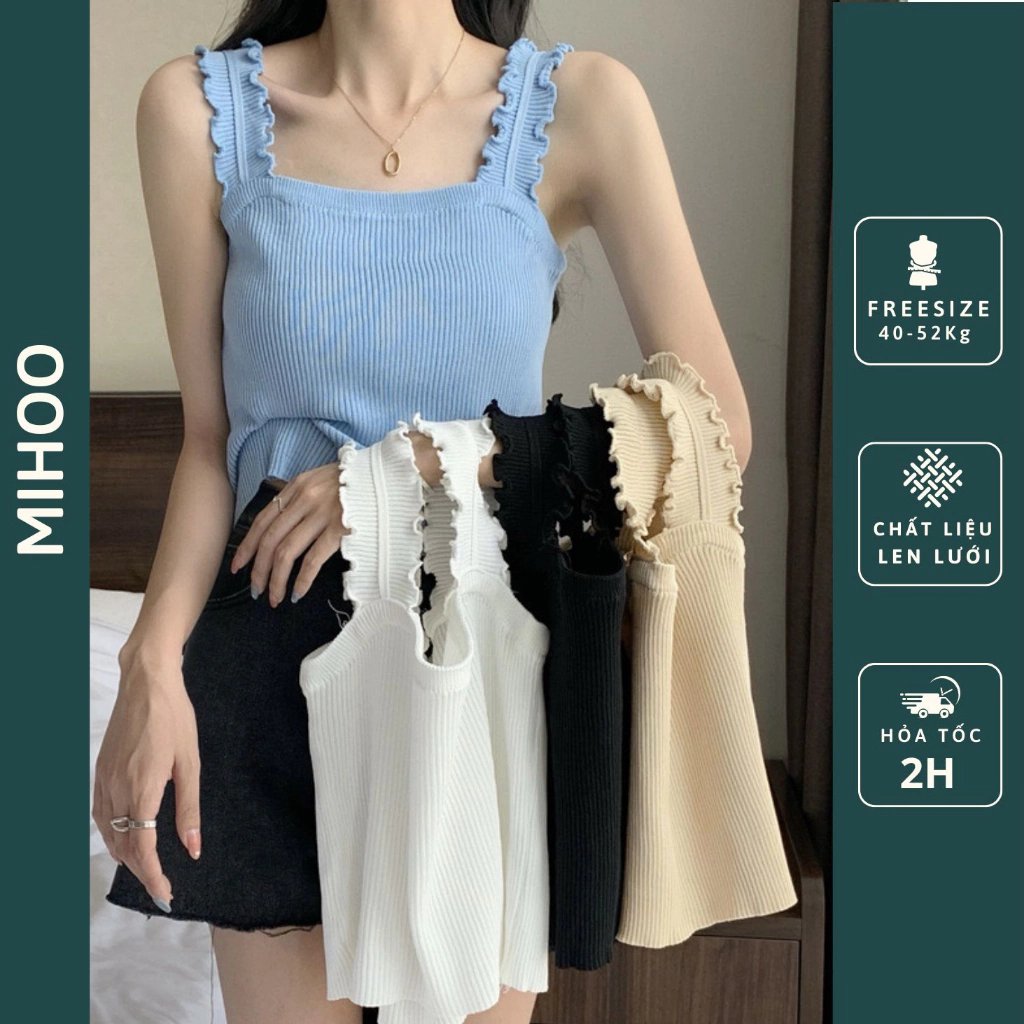 Áo hai dây nữ bản to viền bèo màu trơn đơn giản, Áo ba lỗ chất len tăm mềm mại hàng Quảng Châu