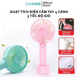 Quạt Tích Điện Cầm Tay Pin Sạc 4 Cánh 3 Tốc Độ Gió Có Đế Để Bàn, Quạt Để Bàn Pin Sạc USB Tiện Lợi