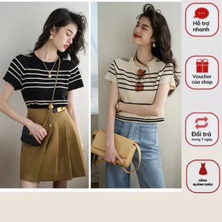 Áo thun ngắn tay cổ tròn dáng croptop họa tiết kẻ sọc ngang chất len mongtoghi mỏng phong cách Hàn Quốc thời trang nữ