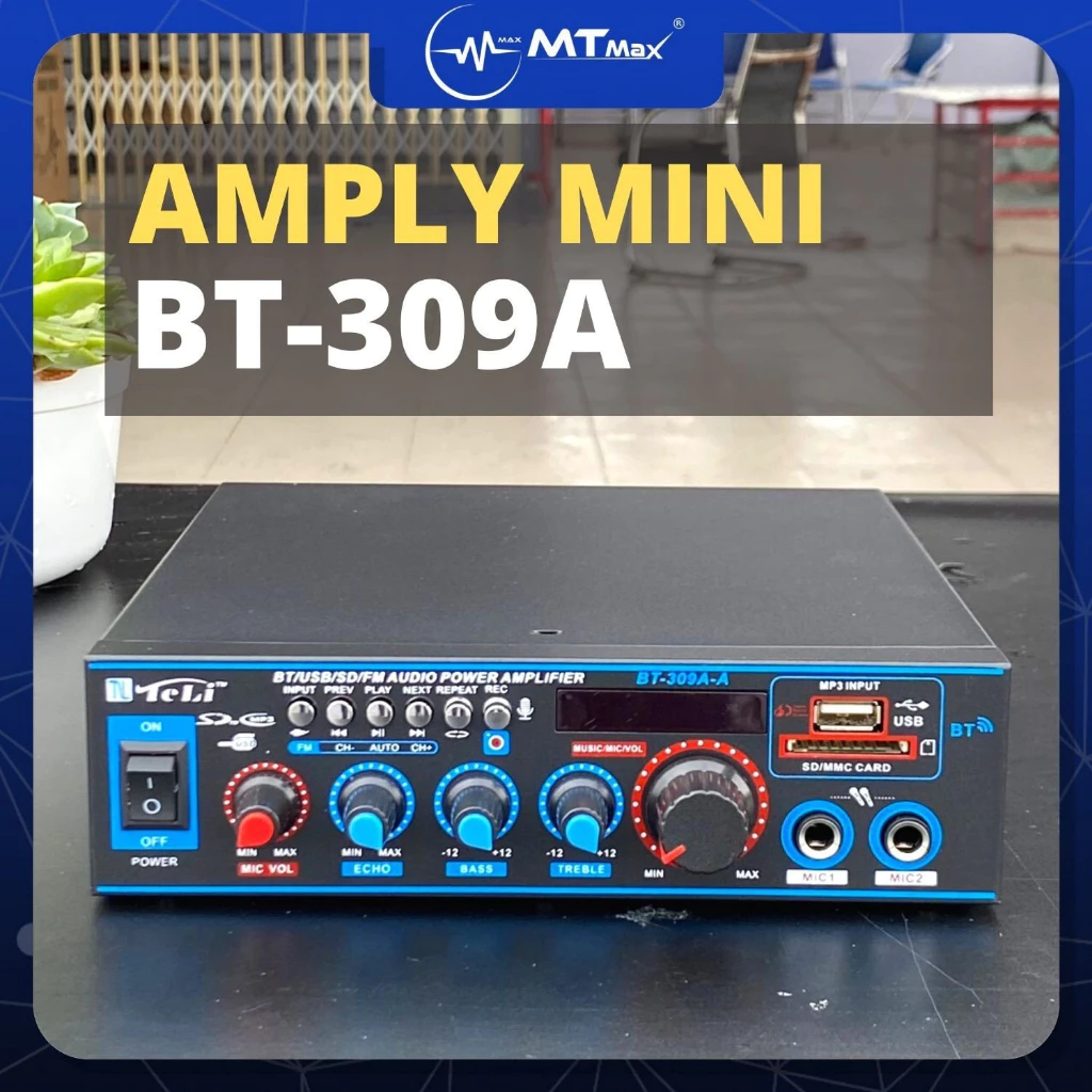 Amply Mini BT 309A - Công Suất Đầu Ra 100w, Âm Thanh Rõ Ràng, Sắc Nét Và Mạnh Mẽ, Điều Chỉnh Echo Treble Bass, Bluetoot