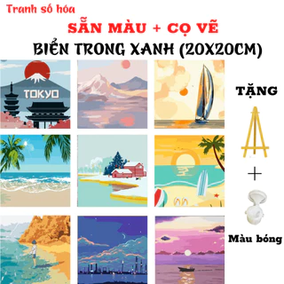 Tranh tô màu theo số phong cảnh BIỂN đã căng khung kích cỡ 20x20cm, Tranh sơn dầu số hóa kèm màu và cọ vẽ