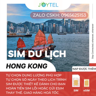 [GIẢM 20% CHO SIM THỨ 2] Sim du lịch Hongkong Hong Kong Macao tốc độ cao Chính hãng Joytel - Gói tuỳ chọn số ngày